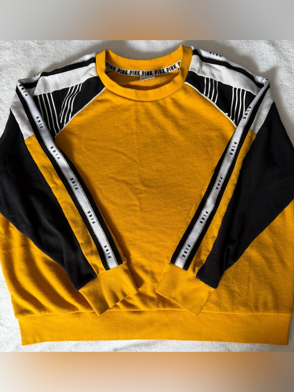 Women PINK Victoria's Secret Yellow Black White Crewneck Sweatshirt Size Large